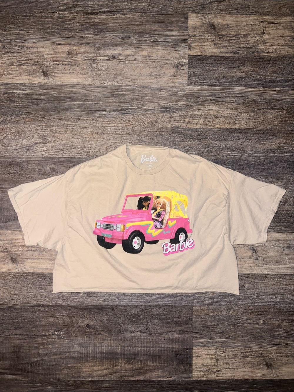 Barbie Beige Tee with Pink & Yellow Jeep Graphic - Cropped Short Sleeve